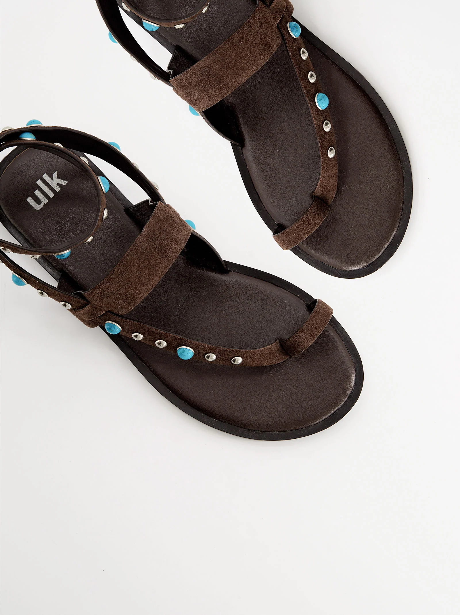 Sandalias planas de piel con remaches turquesa - Poman - Image 2