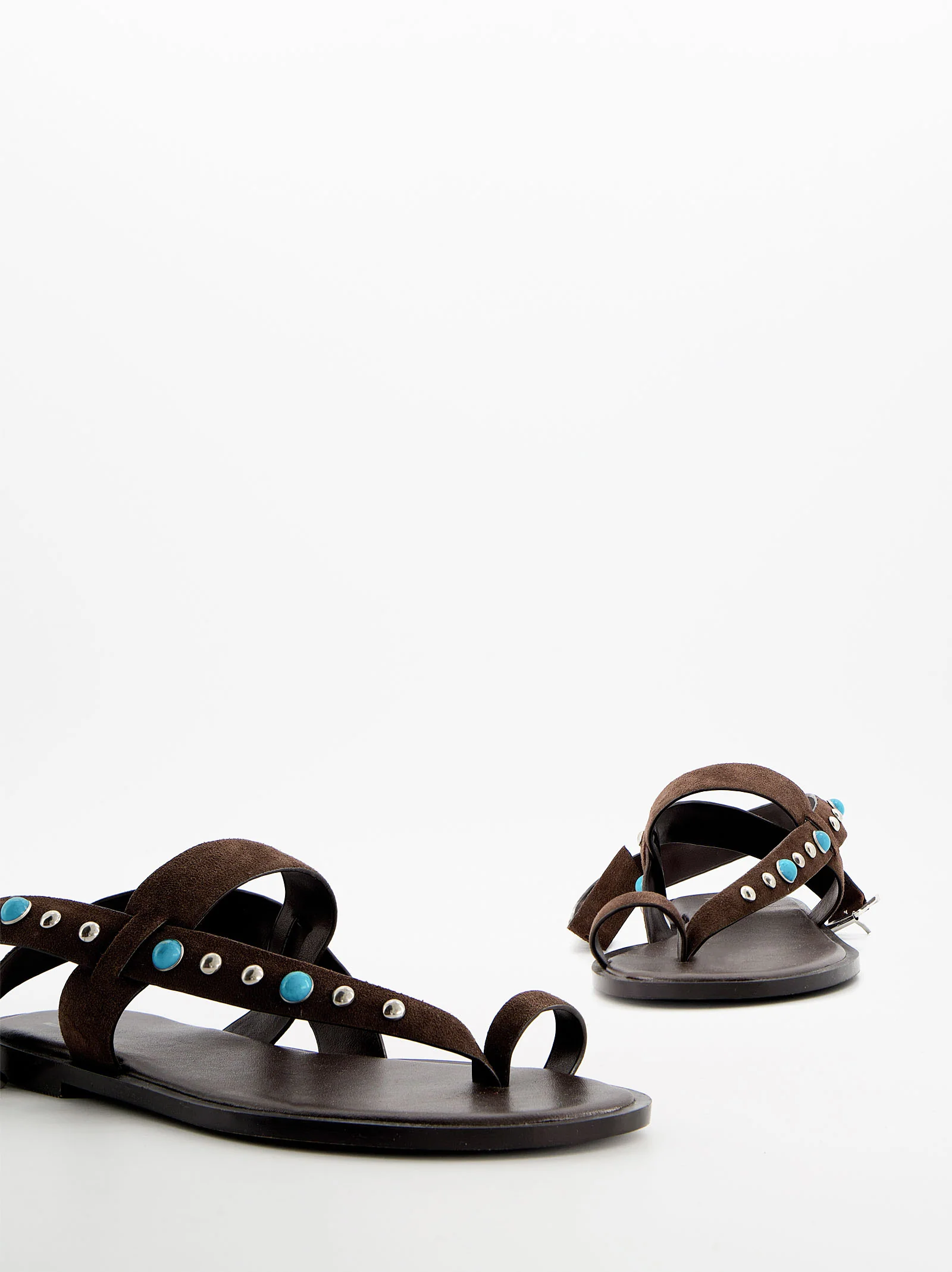 Sandalias planas de piel con remaches turquesa - Poman - Image 5