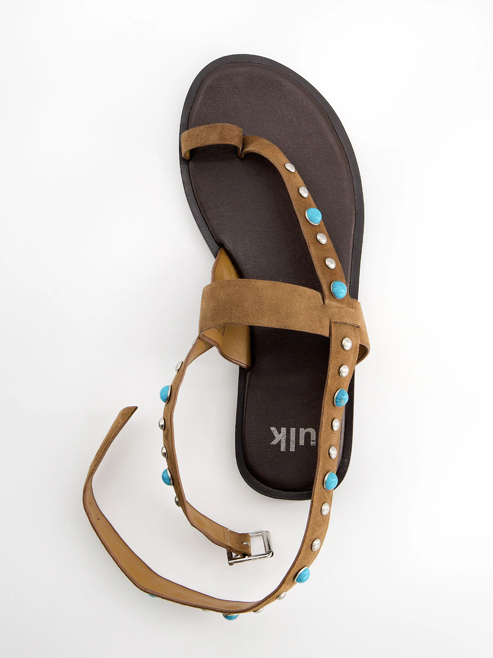 Sandalias planas de piel con remaches turquesa - Poman - Image 2