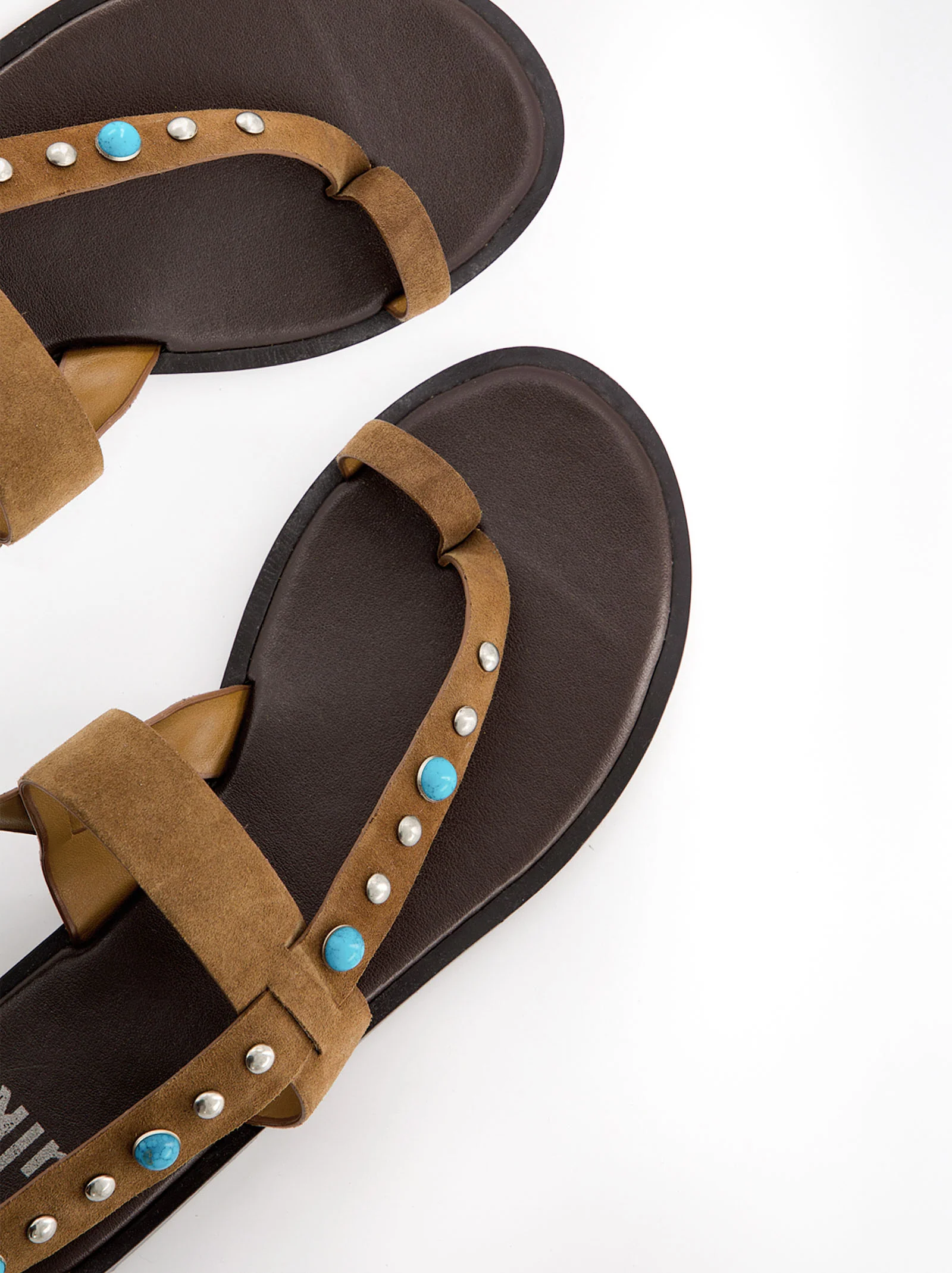 Sandalias planas de piel con remaches turquesa - Poman - Image 3